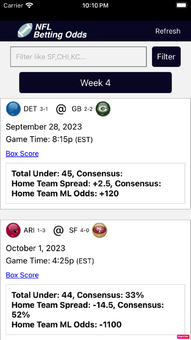 NFL Betting Odds Screenshot