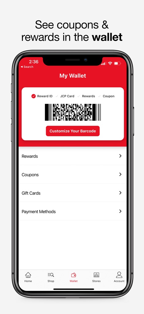 JCPenney – Shopping & Coupons - The "My Wallet" screen allows users to efficiently manage savings, featuring a prominent personalized barcode for rewards and clear sections for coupons and gift cards.
