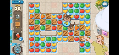 We Bare Bears Match3 Repairs - Encounter charming new characters, such as the adorable dog with a bib and the helpful human character, integrated within the engaging match-3 puzzles with unique board layouts.