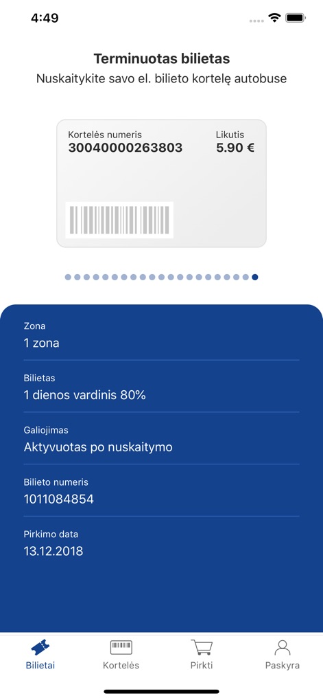 e.Ticket Klaipėda - Users can view the status of their term tickets, including the remaining balance on their e-ticket card and the specific details of the activated ticket like its zone and validity.
