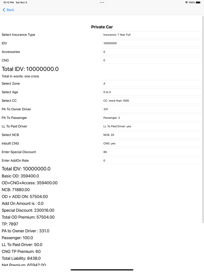 Motors Insurance Calculator