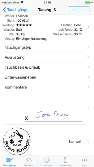 Screenshot von Dive Log auf dem iPhone 8