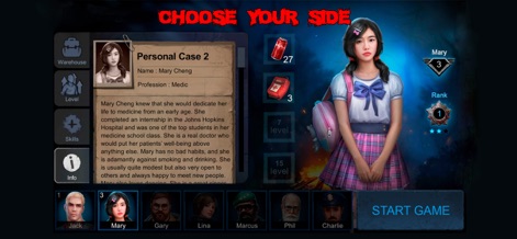 Horrorfield Multiplayer Horror - L'application offre une personnalisation poussée des héros, montrant le profil détaillé de Mary la Médic et la gestion de son inventaire, riche en boissons énergisantes.