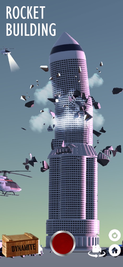 Fake Island: Demolish! - Experience the futuristic destruction of the "Rocket Building," complete with intricate structural damage and dynamic elements like patrolling helicopters.