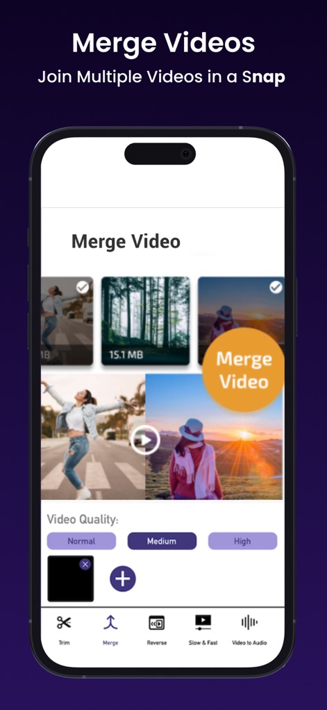 Ai Photo Retouch -Video Editor - Consolidate multiple video clips into one continuous stream, with flexible quality settings (Normal, Medium, High) to suit various sharing needs.
