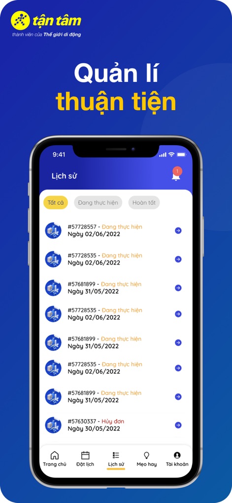 Thợ Tận Tâm - Users can effortlessly manage their service requests through the intuitive history log and track the real-time status of current and past jobs.