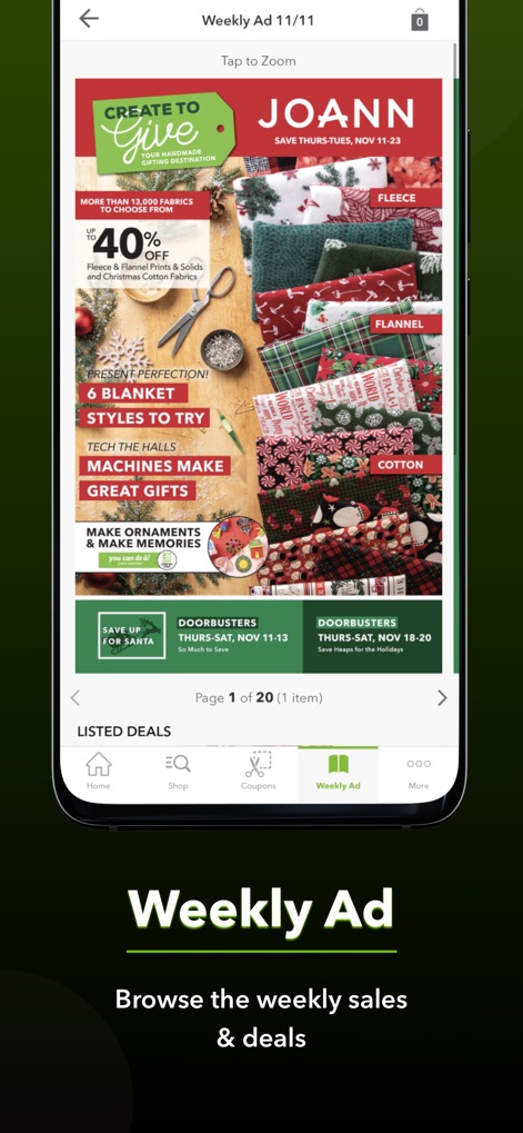 JOANN - Shopping & Crafts - The app provides access to the current digital weekly ad, enabling users to browse sales and deals with pinch and zoom functionality for detailed viewing.