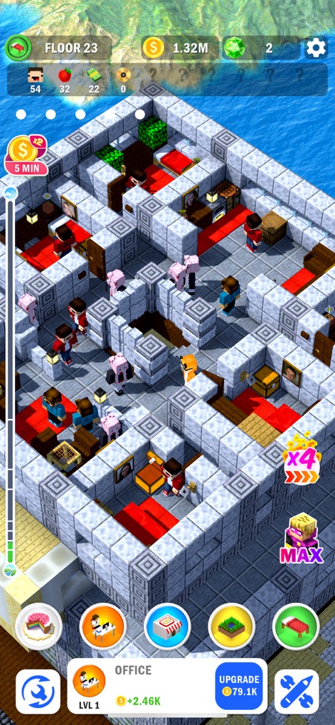 Tower Craft 3D - Idle Building - Esta captura de tela mostra o vibrante 23º andar de um edifício, com seus personagens voxel ocupados e os numerosos objetos de escritório que preenchem o espaço.