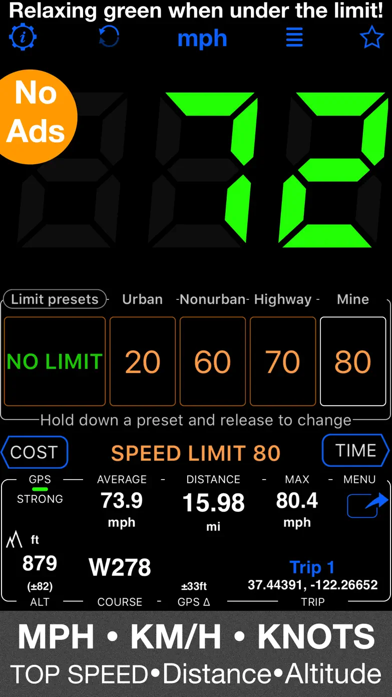スピードメーター 55 Start。GPS 速度計+HUD App Store screenshot 1