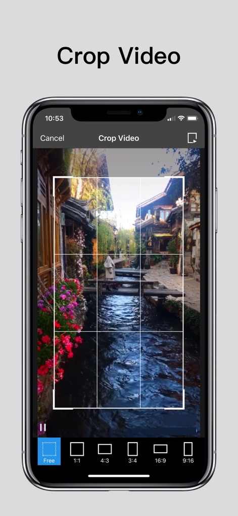 Photo Retouch - Remove object - The app provides flexible video cropping, featuring a clear grid overlay and convenient aspect ratio presets for perfect framing.