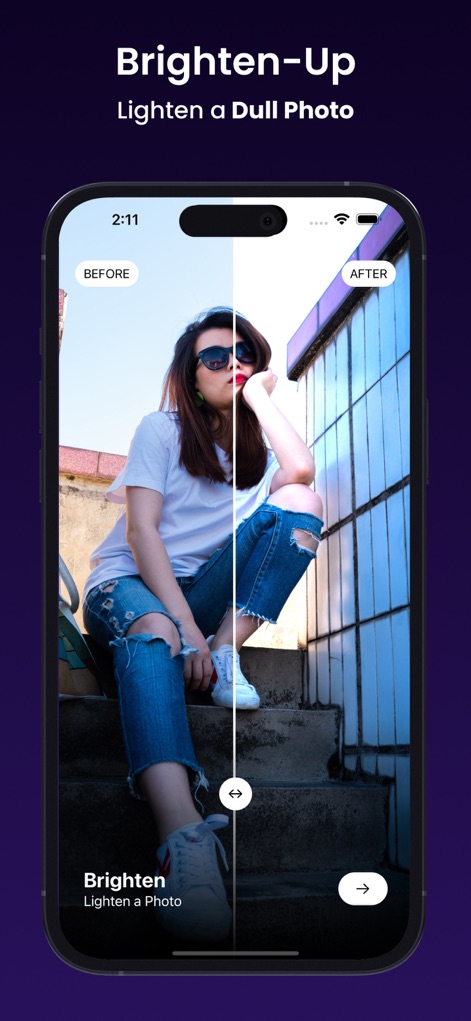 Ai Photo Retouch -Video Editor - Users can easily brighten underexposed photos, transforming a dull street scene into a vibrant image with improved lighting and color saturation.