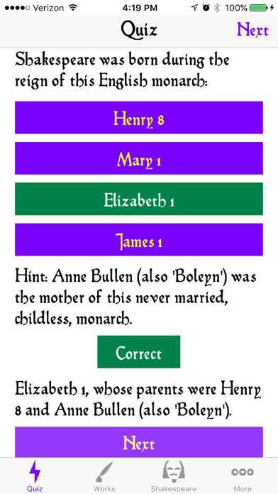 ShakesQuiz: Shakespeare quiz & complete works iPhone screenshot 1 - Education app