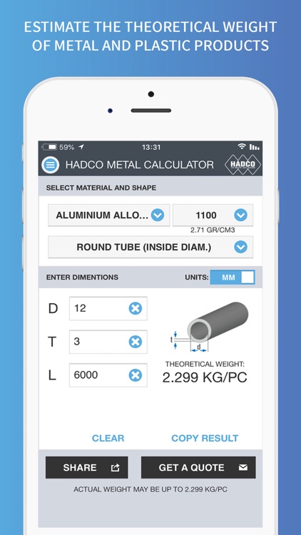 Hadco Metal Weight Calculator