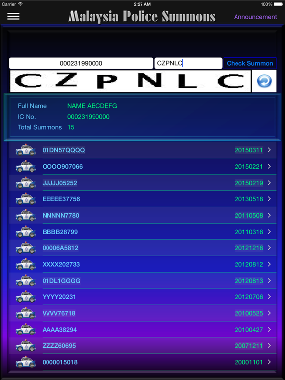 Malaysia Police Summons iPad screenshot 1 - Productivity app