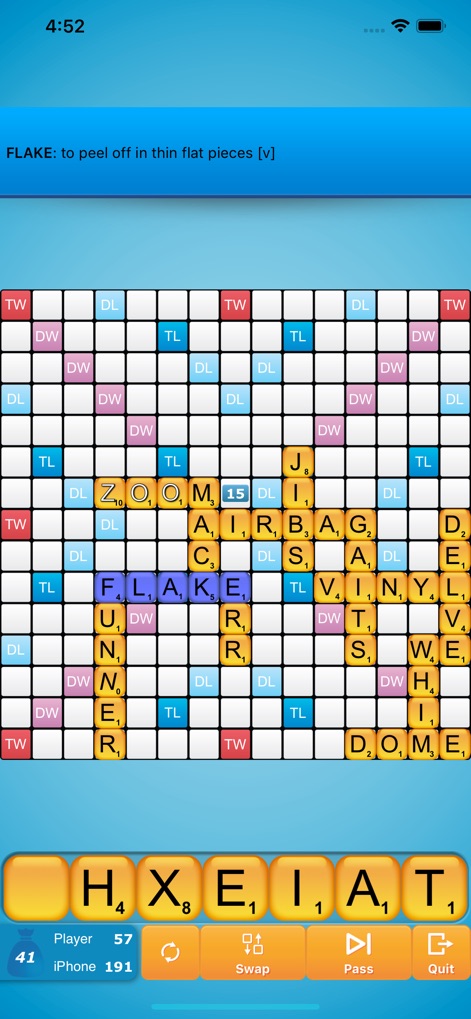 Classic Words (solo word game) - This initial view showcases the dynamic game board with placed letter tiles and the player's accessible tile rack for strategic word formation.