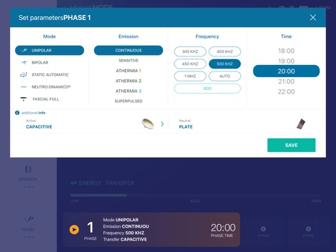 FISIOWARM 7.0 - Los profesionales pueden ajustar con precisión los parámetros de tratamiento, seleccionando el "Modo" de emisión (como Unipolar) y la "Frecuencia" deseada (por ejemplo, 500 KHz), para terapias personalizadas.
