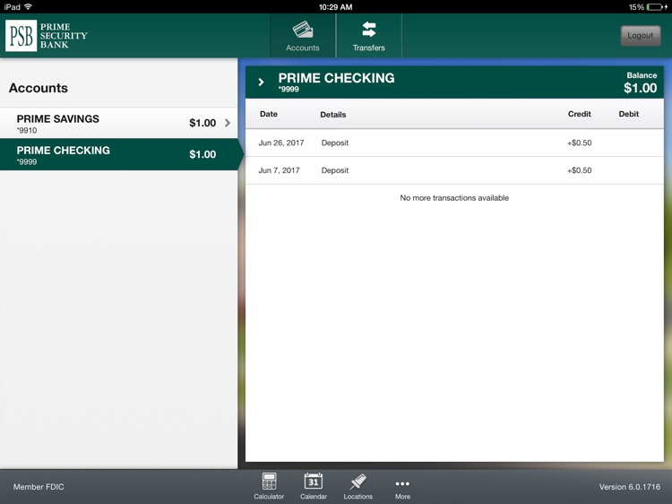 Prime Security Bank Mobile Banking for iPad