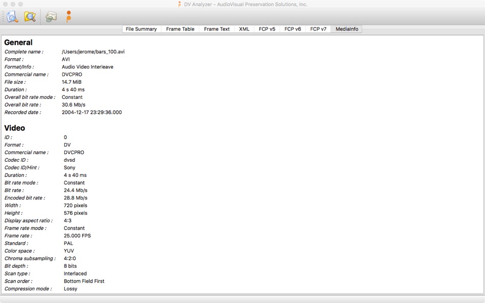 #3. DV Analyzer (macOS) Podle: MediaArea.net