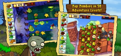 Plants vs. Zombies™ - 사용자는 50개의 어드벤처 레벨에서 수영장 환경(예: 수중 식물)과 지붕 위 전투(예: 양동이 좀비)와 같은 다양한 전장을 경험하며 전략적인 재미를 느낄 수 있습니다.