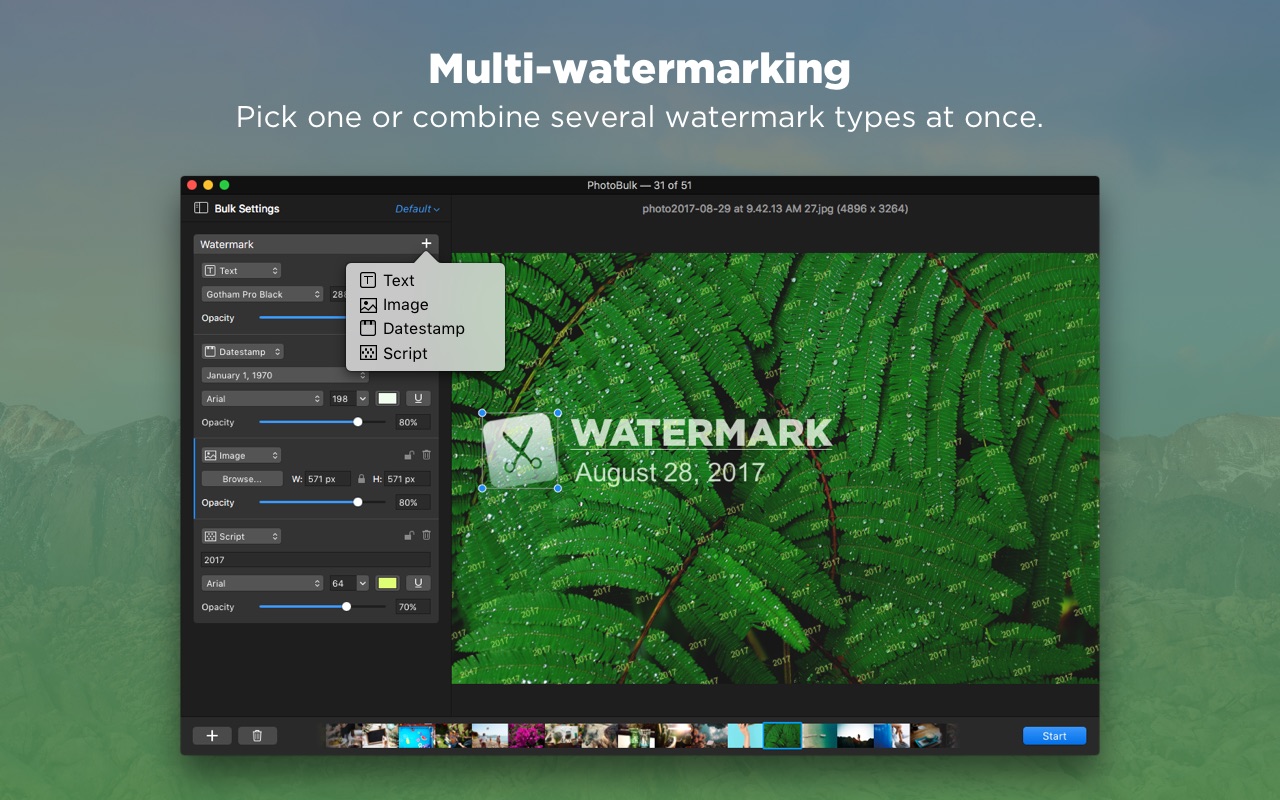 Screenshot do app PhotoBulk: watermark in batch