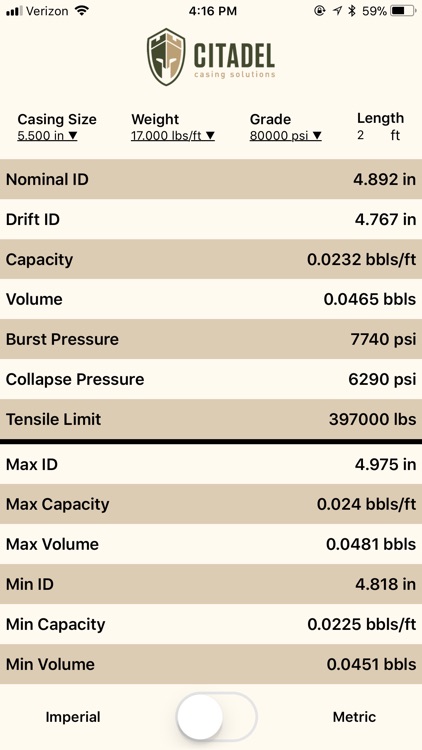 Citadel Casing Calculator