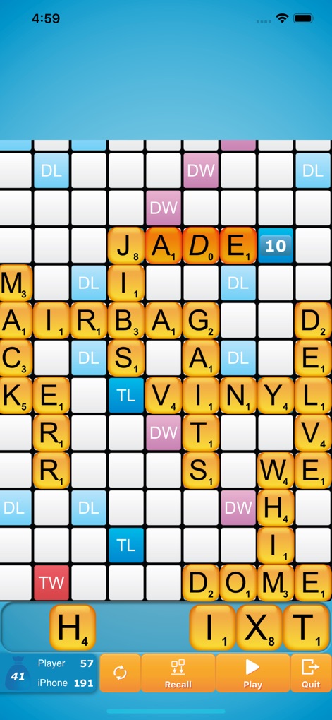 Classic Words (solo word game) - Observe the board after a word is played, highlighting the placement of new words like 'JADE' and the refreshed letter tiles available in the user's rack.