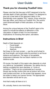 TrueDoF-Intro DoF Calculator screenshot