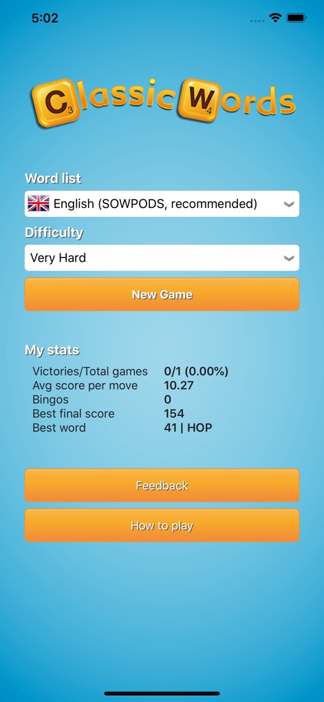 Classic Words (solo word game) - Explore the main menu where users can select their preferred word list and adjust the difficulty level, while also reviewing 'My stats' for comprehensive game performance.