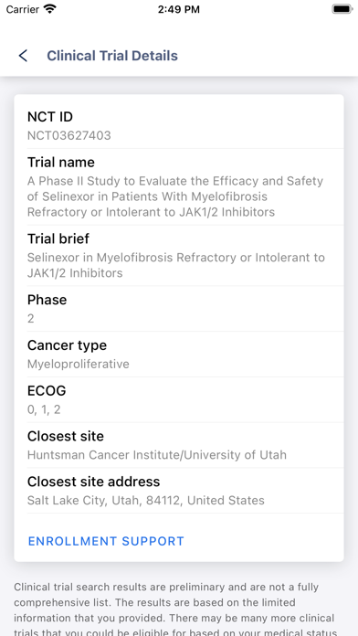 Myelofibrosis Trial Finder Screenshot