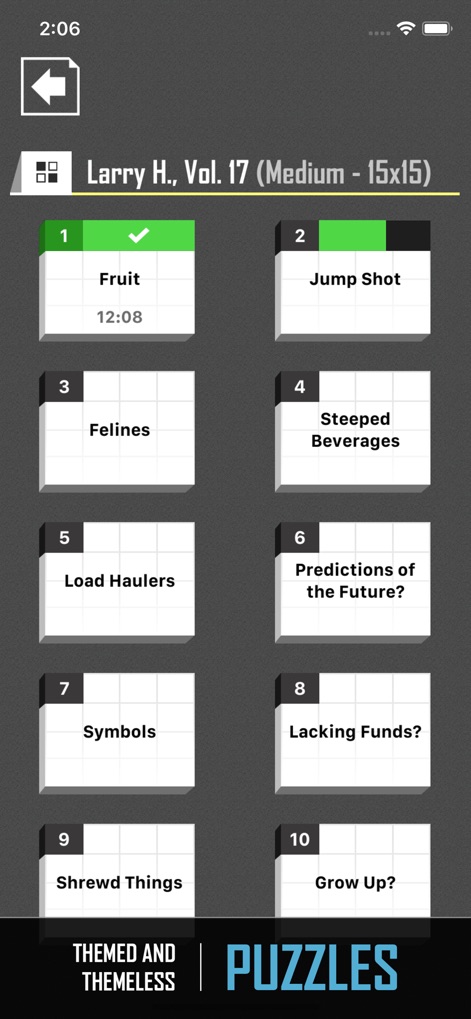 Crossword Puzzle Redstone - The app offers both 'Themed and Themeless Puzzles' and clearly shows progress through a detailed list of individual clues.