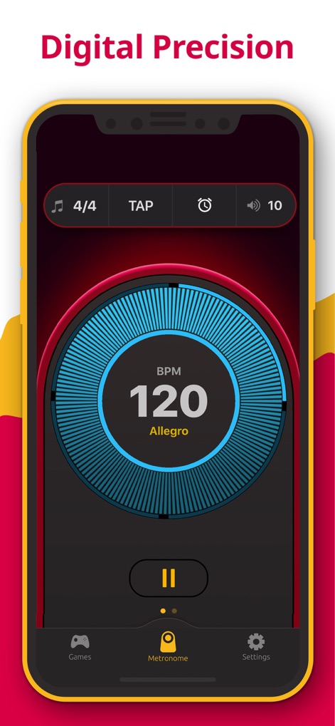Metronome - Tap Tempo & Rhythm - このスクリーンショットでは、デジタルBPM表示と視覚的に魅力的な円形テンポインジケーターを通じて、アプリの現代的なメトロノーム機能が示されています。
