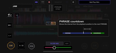 WeDJ for iPhone - This tool features an intelligent PHRASE countdown, offering clear visual cues to identify upcoming song sections such as Verse and Chorus for seamless mixing.