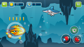 Submarine shooting shark in underwater adventure screenshot