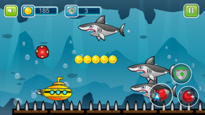 Submarine shooting shark in underwater adventure screenshot