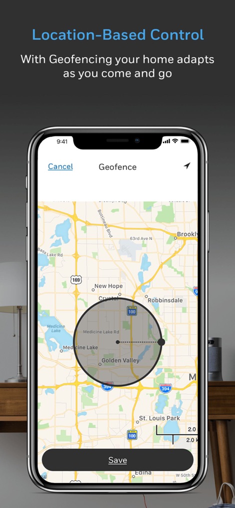 Resideo - Smart Home - Understand "Location-Based Control" through the geofence setup map, allowing users to define a circular boundary around "Golden Valley" for automated home adjustments.