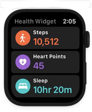 Zdravotní widget: Snímek obrazovky počítadla kroků