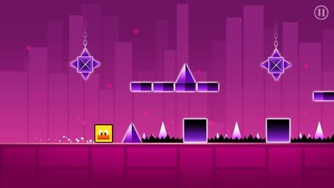 Geometry Run - Make The Block Dash - Follow the determined yellow block character as it confronts an intricate gauntlet of geometric perils, including sharp spikes and unique hanging chained star-like obstacles.