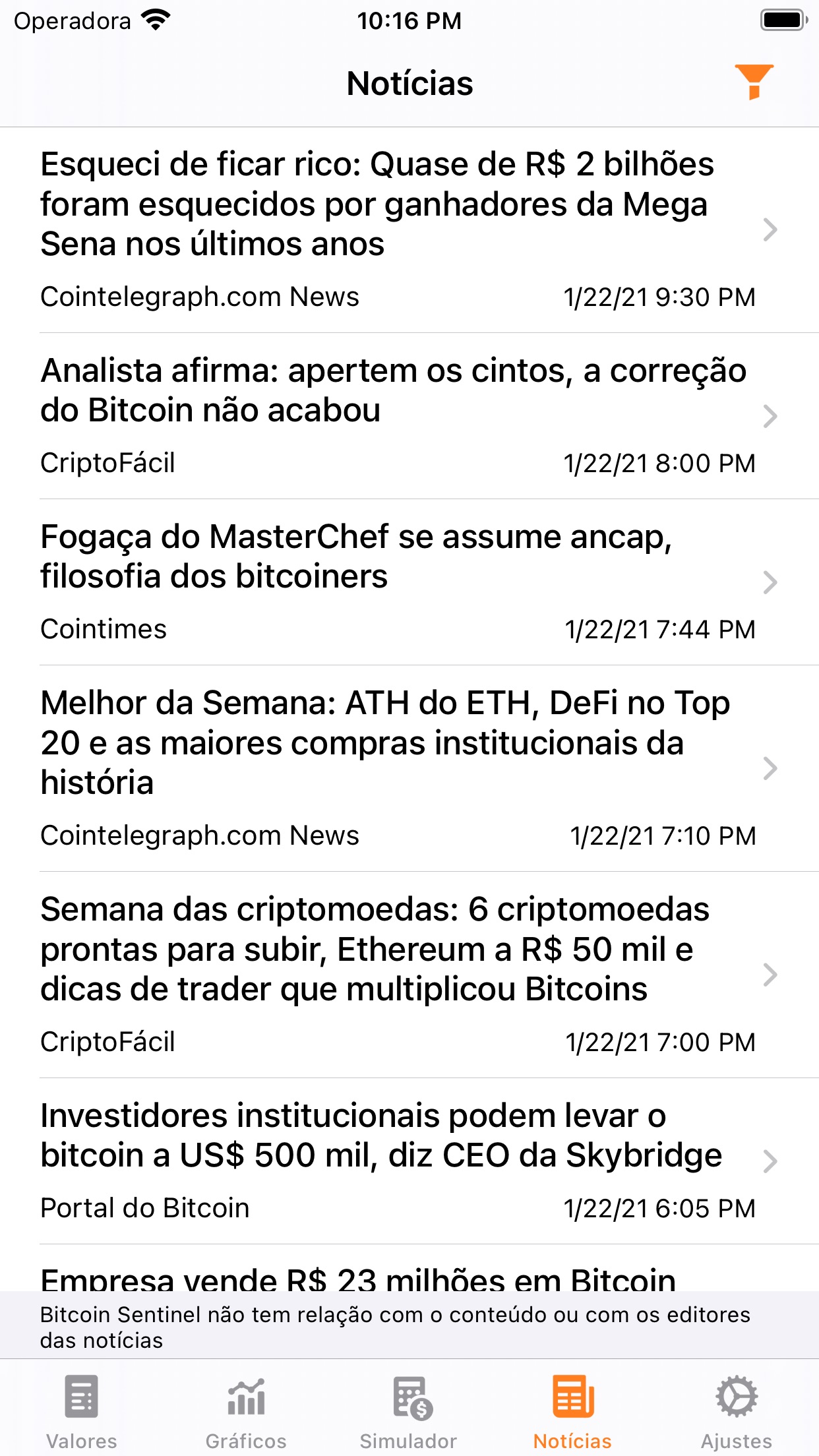 Screenshot do app Bitcoin Sentinel