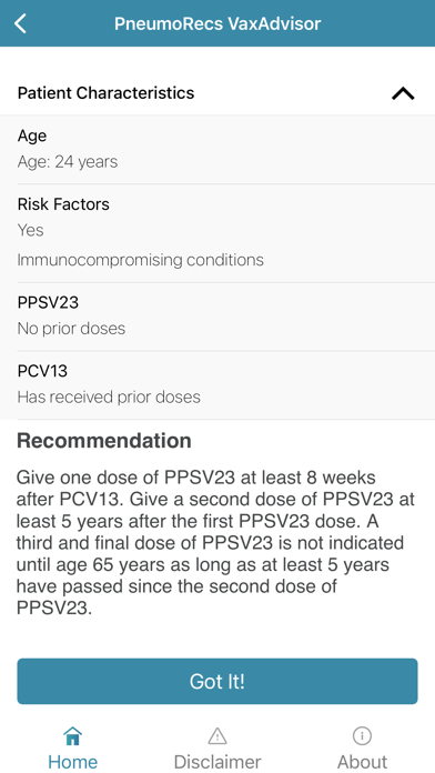 PneumoRecs VaxAdvisor Screenshot
