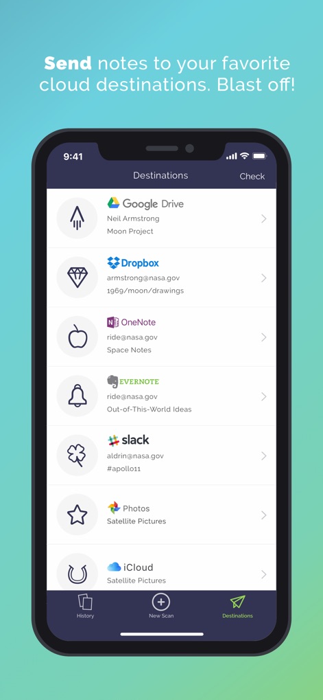 Rocketbook App - Witness the extensive list of integrated cloud services, such as Google Drive and Dropbox, demonstrating how users can effortlessly direct scans to specific accounts and folders.