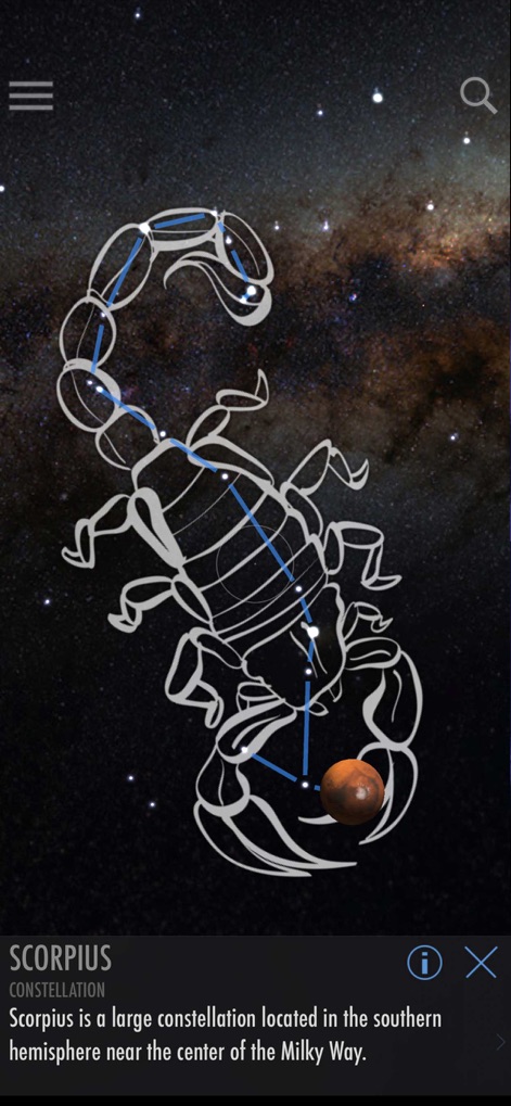 SkyView® Lite - Esta herramienta presenta una **representación gráfica detallada de constelaciones** como Scorpius, superpuesta sobre un evocador **fondo estrellado que simula la Vía Láctea**, facilitando su estudio.