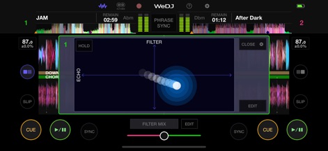 WeDJ for iPhone - Users can sculpt their sound with the dynamic Filter Mix interface, seamlessly blending powerful Echo FX with precise filter adjustments for unique transitions.