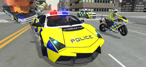Police Car Driving: Crime City - Witness the dynamic action as police cars engage in intense chases, featuring both a stylized yellow and blue police interceptor and a burning overturned vehicle, showcasing the game's chaotic open-world action.