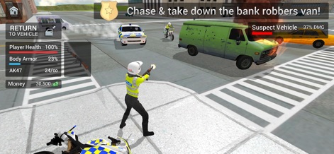 Police Car Driving: Crime City - The app immerses players in intense firefights, allowing them to engage criminals with weapons while monitoring critical player health and body armor statistics on the HUD.
