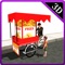Sizzling street french fries: Sell Fast food as delivery driver hawker cycle cruising through moto big city