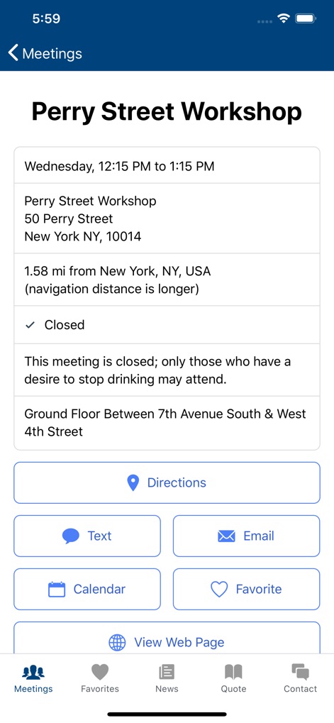 Meeting Guide - This tool provides essential meeting details, including location, time, and specific accessibility notes, alongside integrated action buttons for navigation or saving.