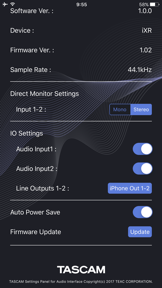 TASCAM Settings Panel for Audio Interface screenshot