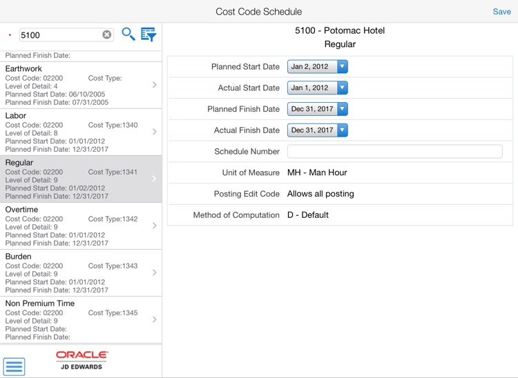 Cost Code Schedule Tablet for JDE E1