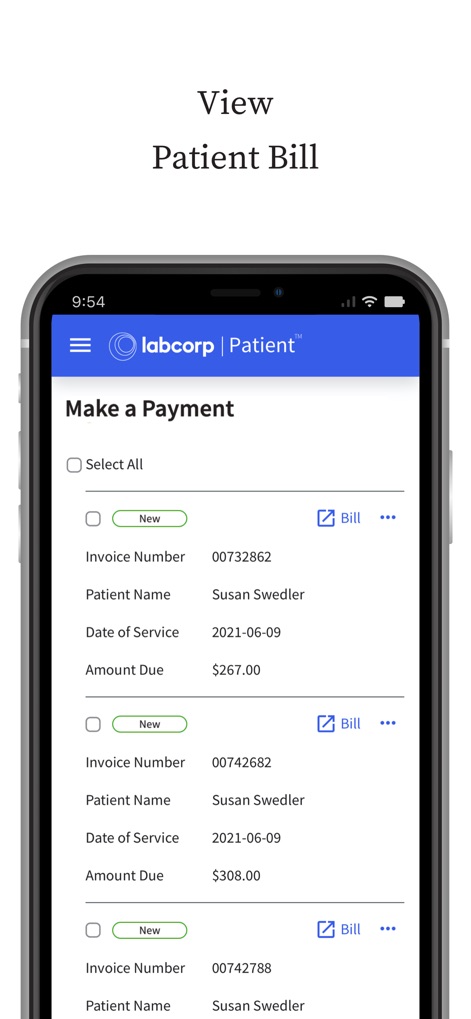Labcorp | Patient - The app simplifies financial tasks by displaying detailed invoice numbers and corresponding amounts due, allowing users to view and manage their patient bills efficiently.