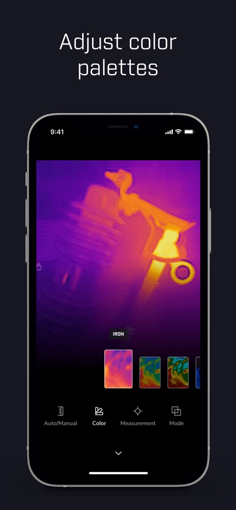 Flir One - Los usuarios pueden personalizar la visualización de datos térmicos seleccionando entre diversas opciones de paleta de colores y previsualizaciones para optimizar el análisis de las anomalías.